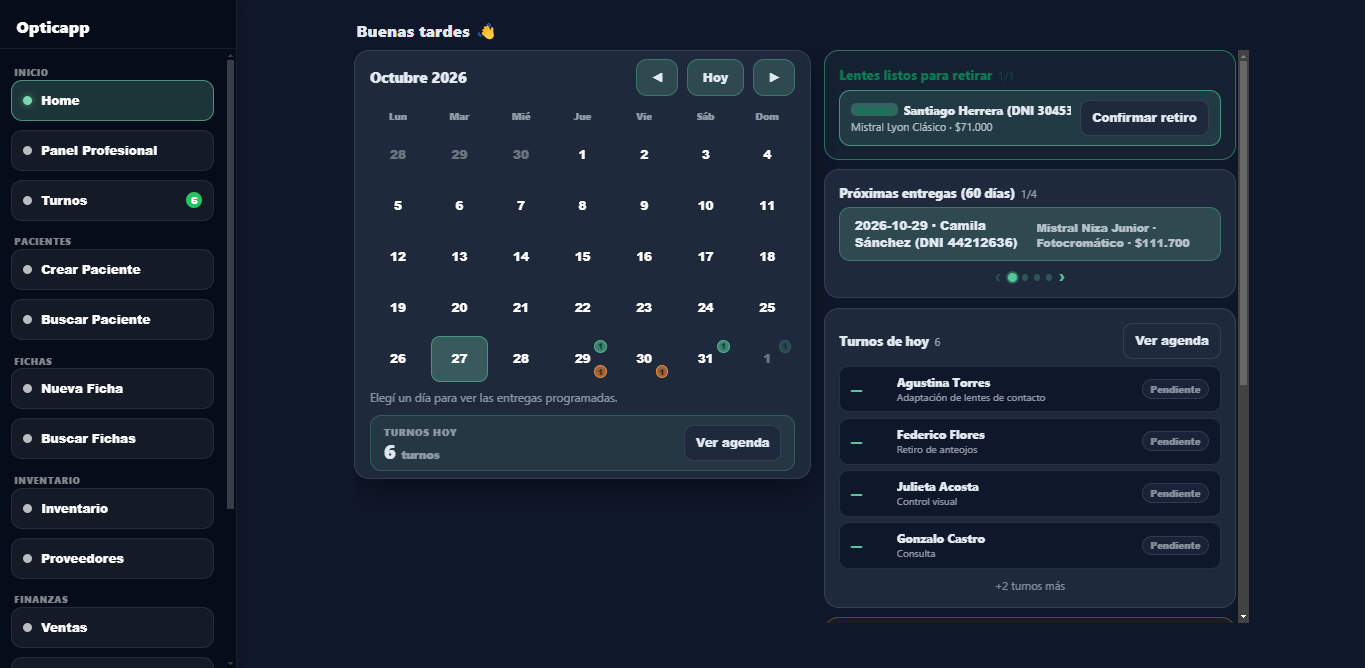 Pantalla de inicio de OpticApp con turnos del día, ventas y alertas